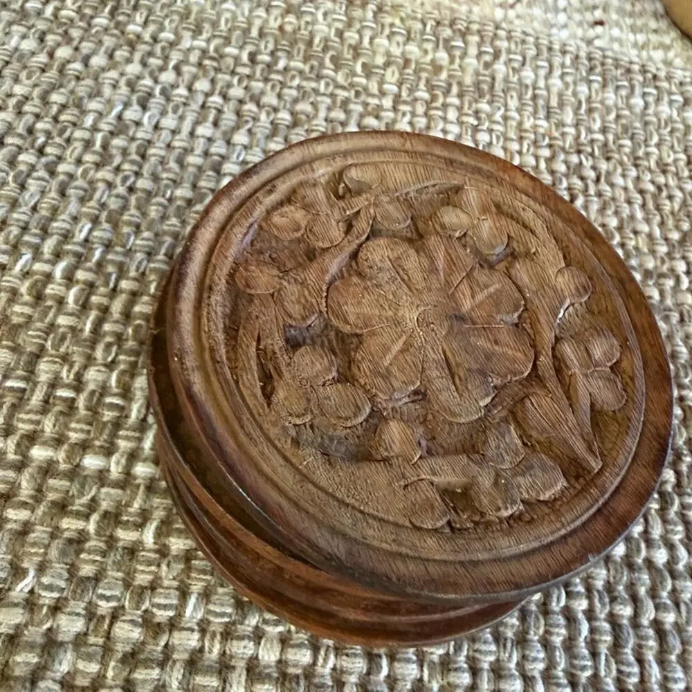 Wood hand carved intricate floral coasters x4